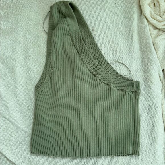 Zara Green Ribbed One-Shoulder Top Small - Picture 3 of 5